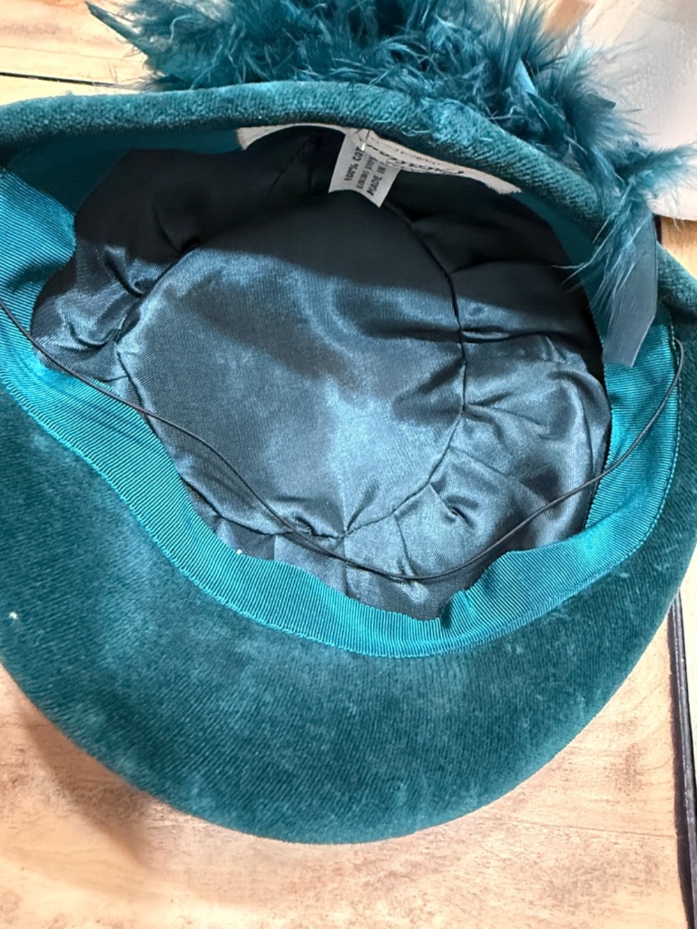 Vintage Chapeau Creations Teal Velvet Feather Pillbox Hat - Picture 6 of 7